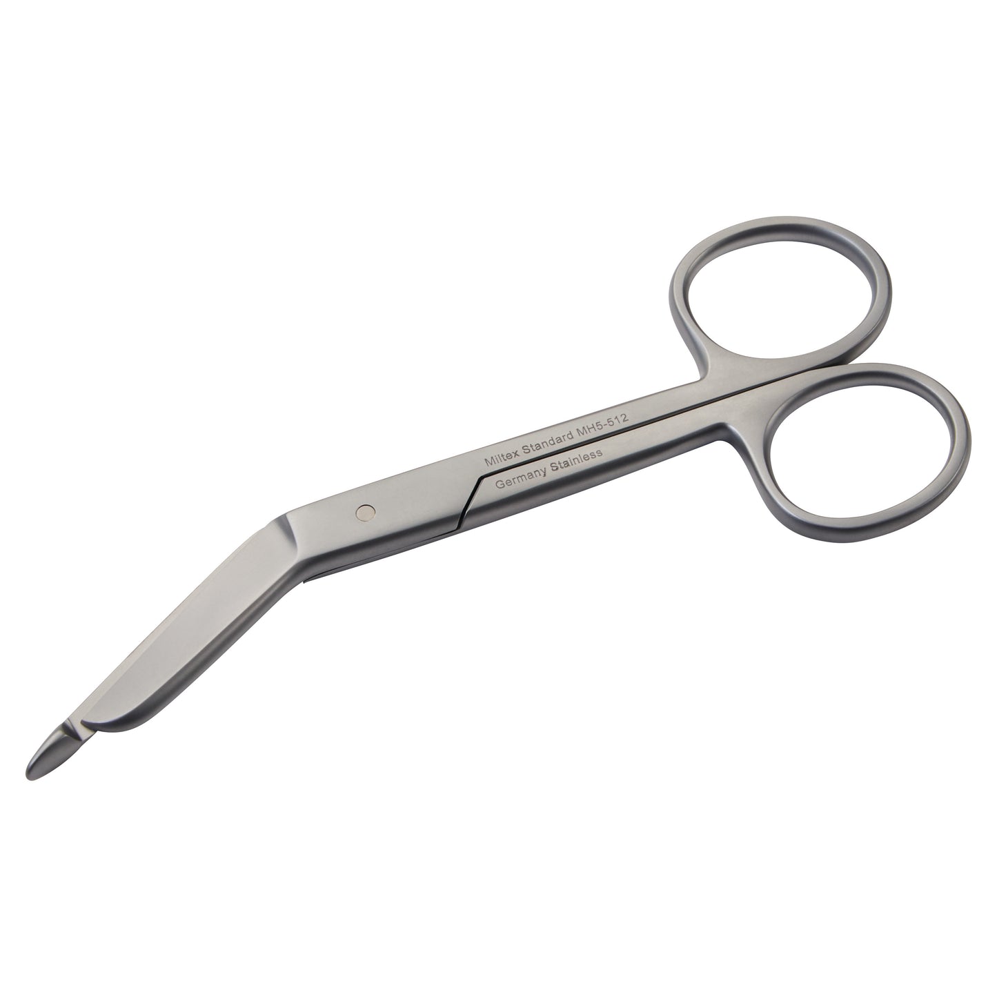 Miltex Lister Bandage Scissors with angled stainless steel blades and rounded tips, designed for safely cutting bandages.