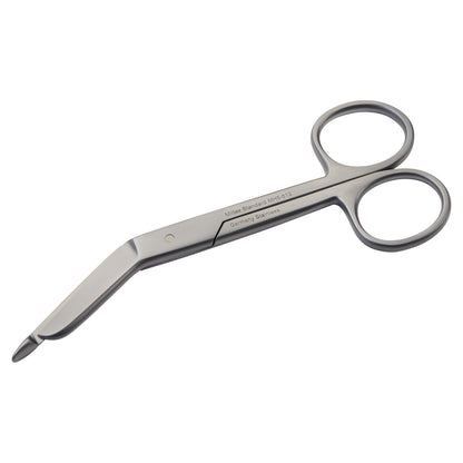 Miltex Lister Bandage Scissors with angled stainless steel blades and rounded tips, designed for safely cutting bandages.