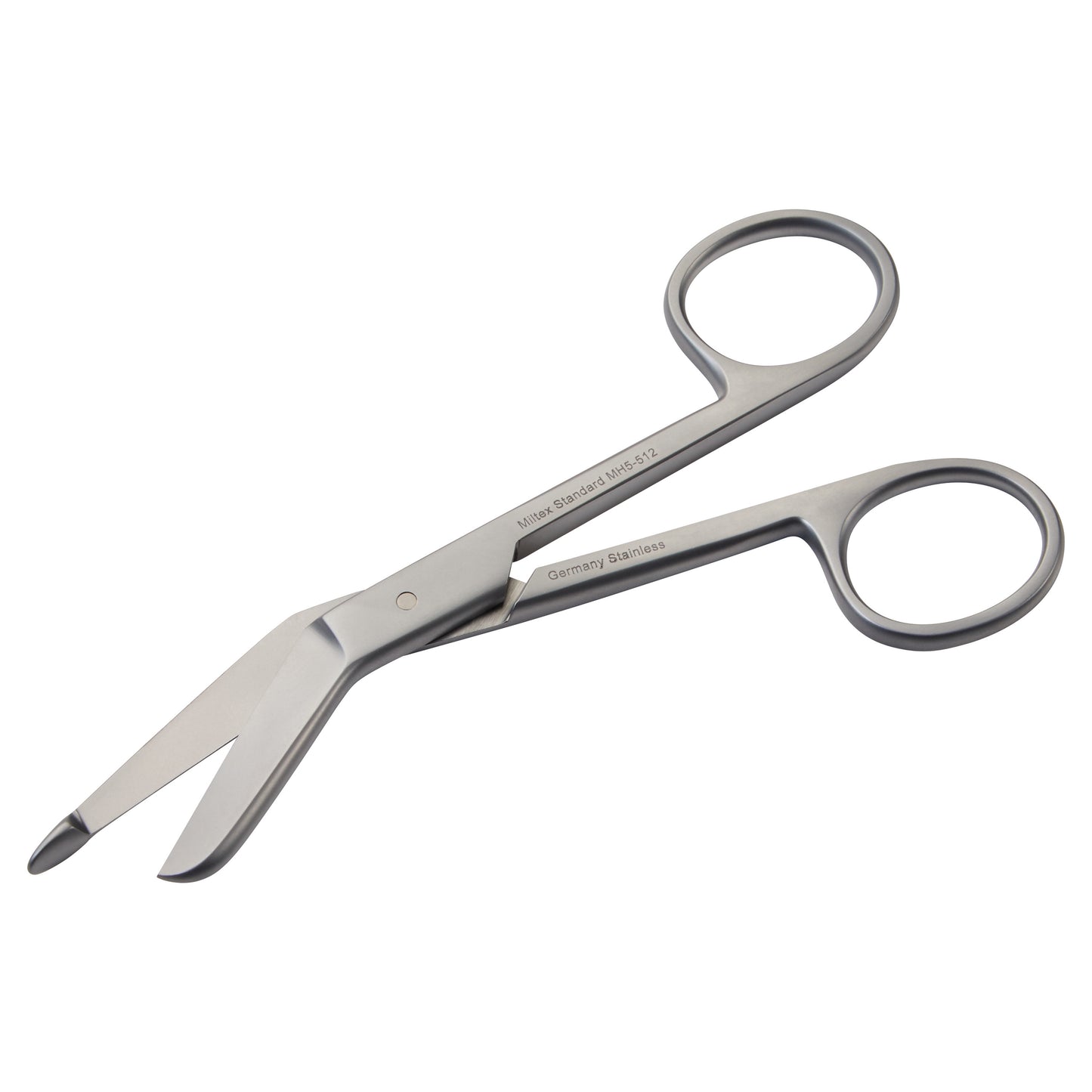 Miltex Lister Bandage Scissors made of stainless steel, featuring an angled design with rounded tips for safely cutting bandages.