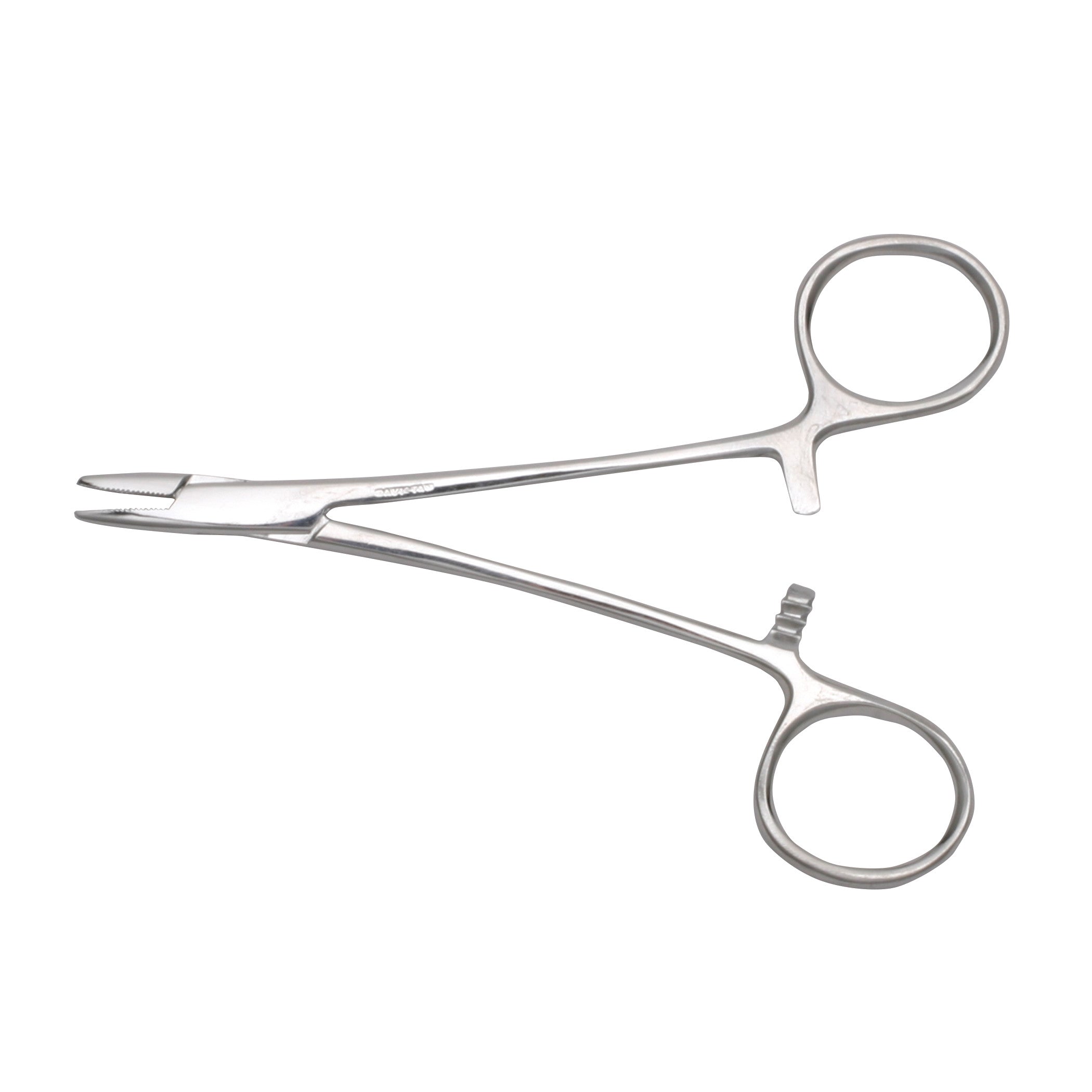 Derf Needle Holder, a stainless steel surgical instrument with ring handles and short, serrated jaws for holding needles securely.