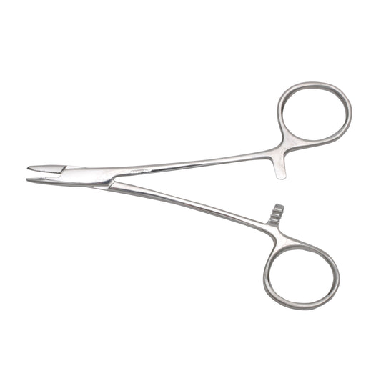 Derf Needle Holder with a scissor-like design featuring two looped handles and a slender, flat-tipped gripping area.