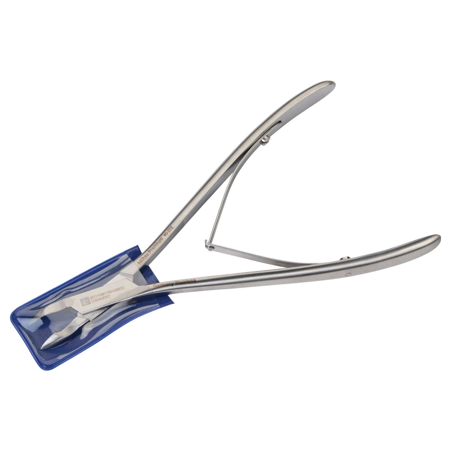 Miltex Tissue and Cuticle Nippers with silver handles are shown partially in a blue protective sleeve.