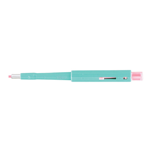 A Miltex Disposable Biopsy Punch with Plunger System, featuring a teal handle and pink tip, lying horizontally on a white background.
