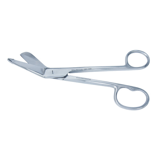Miltex Lister Bandage Scissors with Large Finger Ring made of stainless steel, featuring a blunt tip and angled blade for safe cutting.