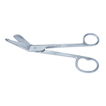 Miltex Lister Bandage Scissors with Large Finger Ring, featuring angled stainless steel blades for cutting bandages easily.