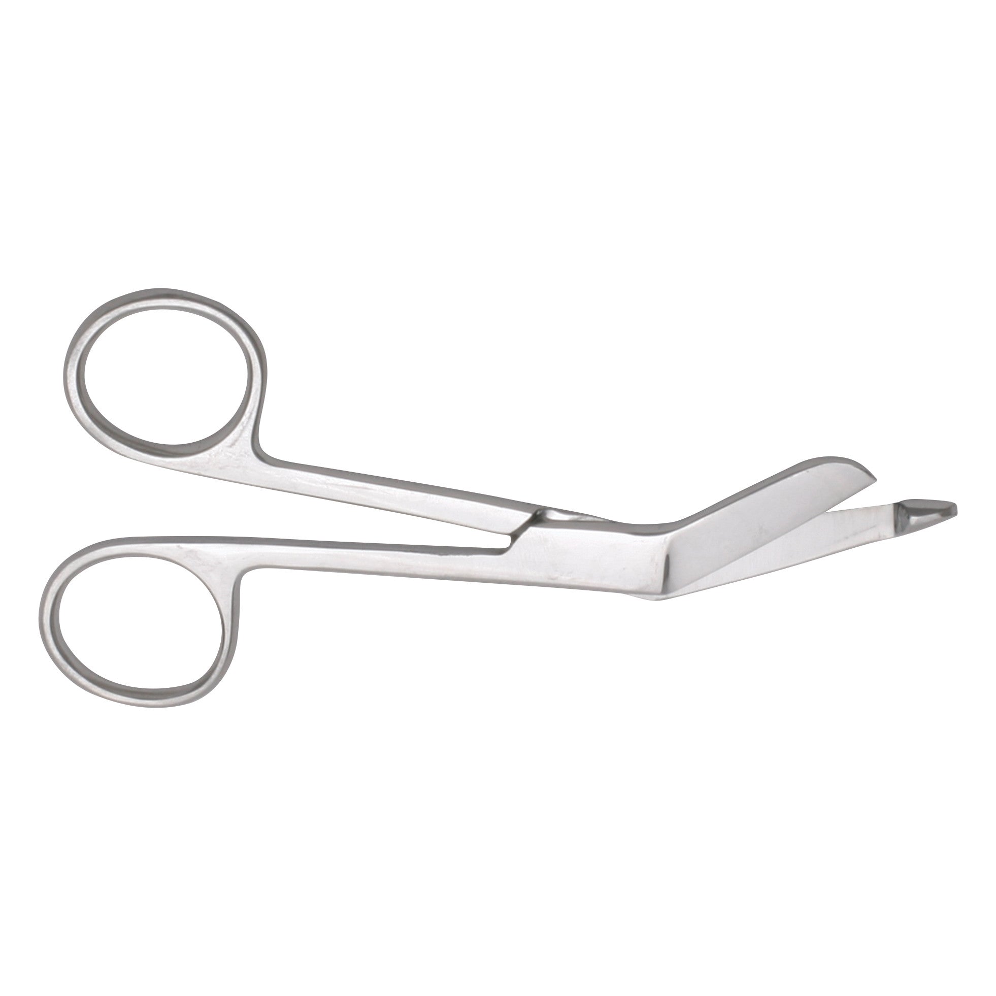 Lister Bandage Scissors with angled, flat-tipped blades and loop handles, designed for safely cutting bandages or dressings.