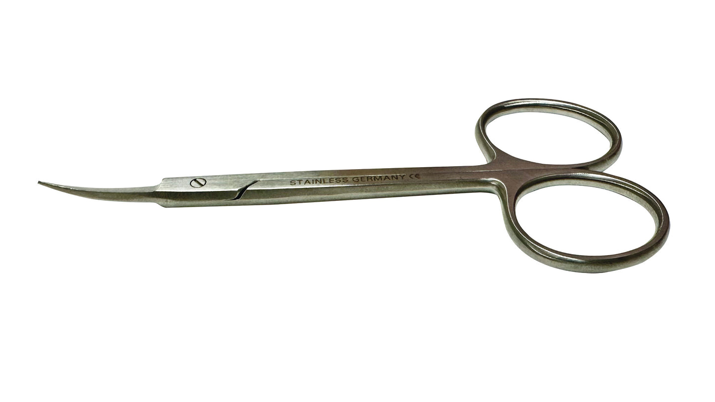 Stainless steel Extra-Delicate Pattern Iris Scissors with curved blades and round finger holes.