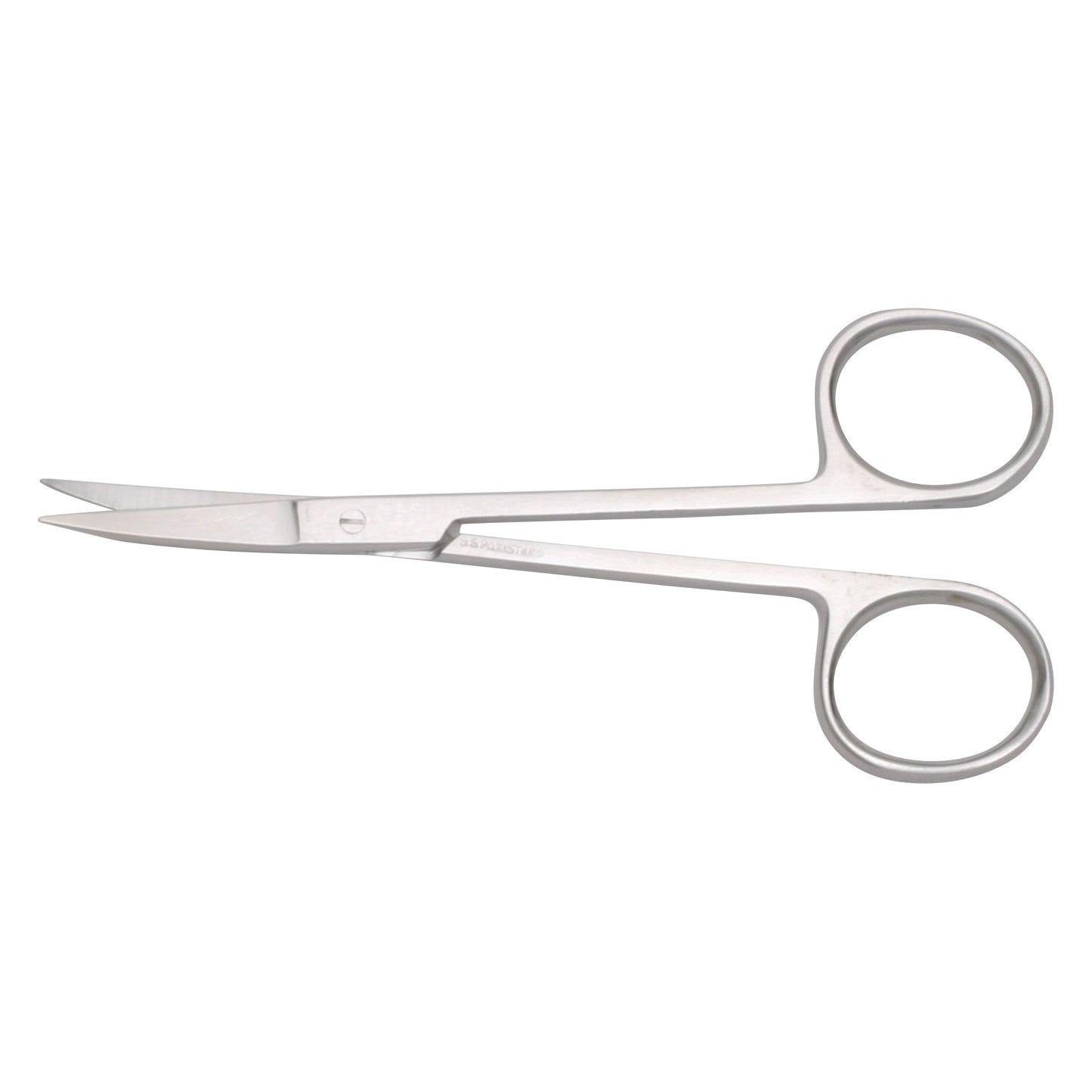 The image features Extra-Delicate Pattern Iris Scissors with curved, pointed tips and round finger grips, designed for precision work.