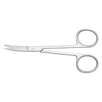 The image features Extra-Delicate Pattern Iris Scissors with curved, pointed tips and round finger grips, designed for precision work.