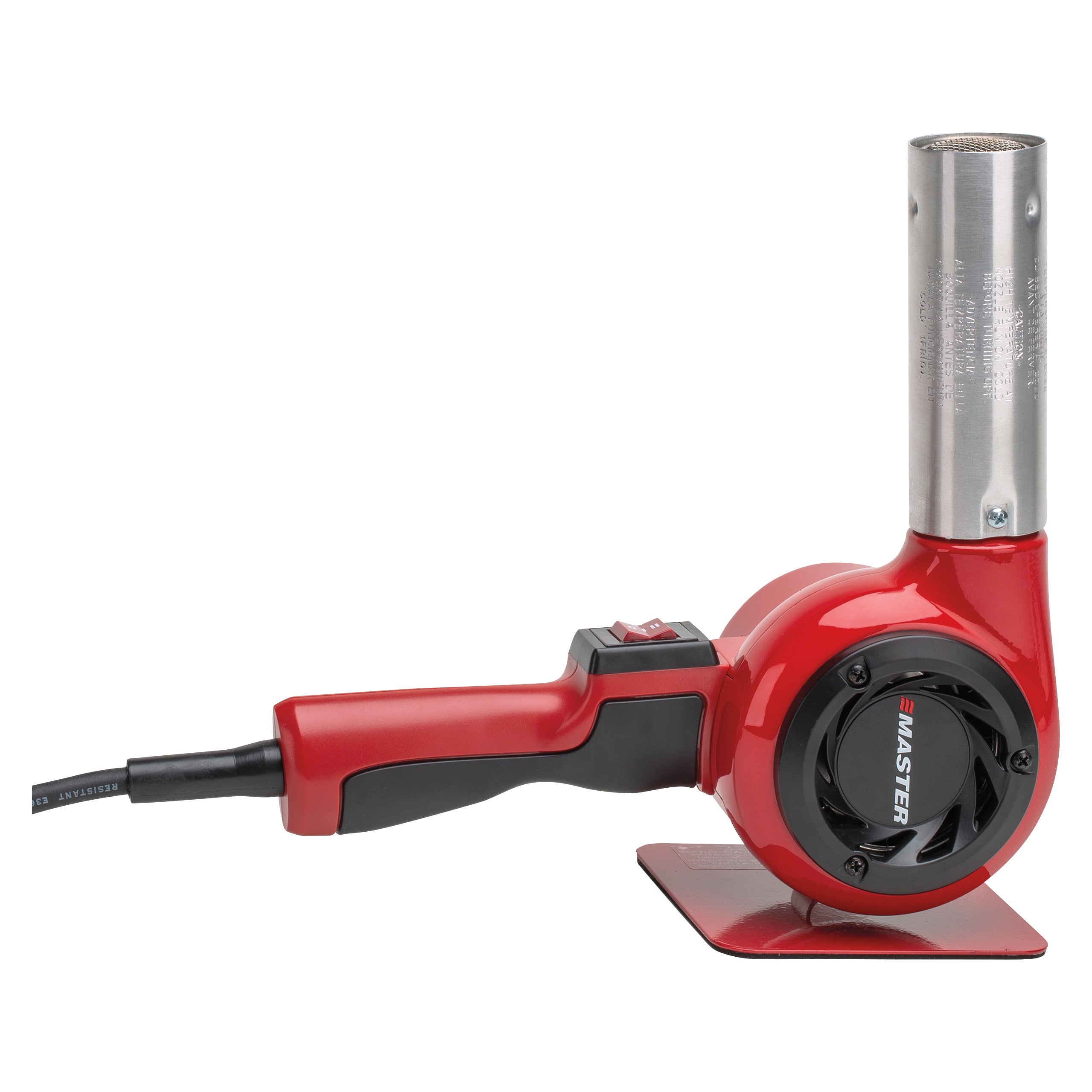 A red and black electric heat gun with a metallic nozzle and a handle is shown, featuring "Master" on the side.