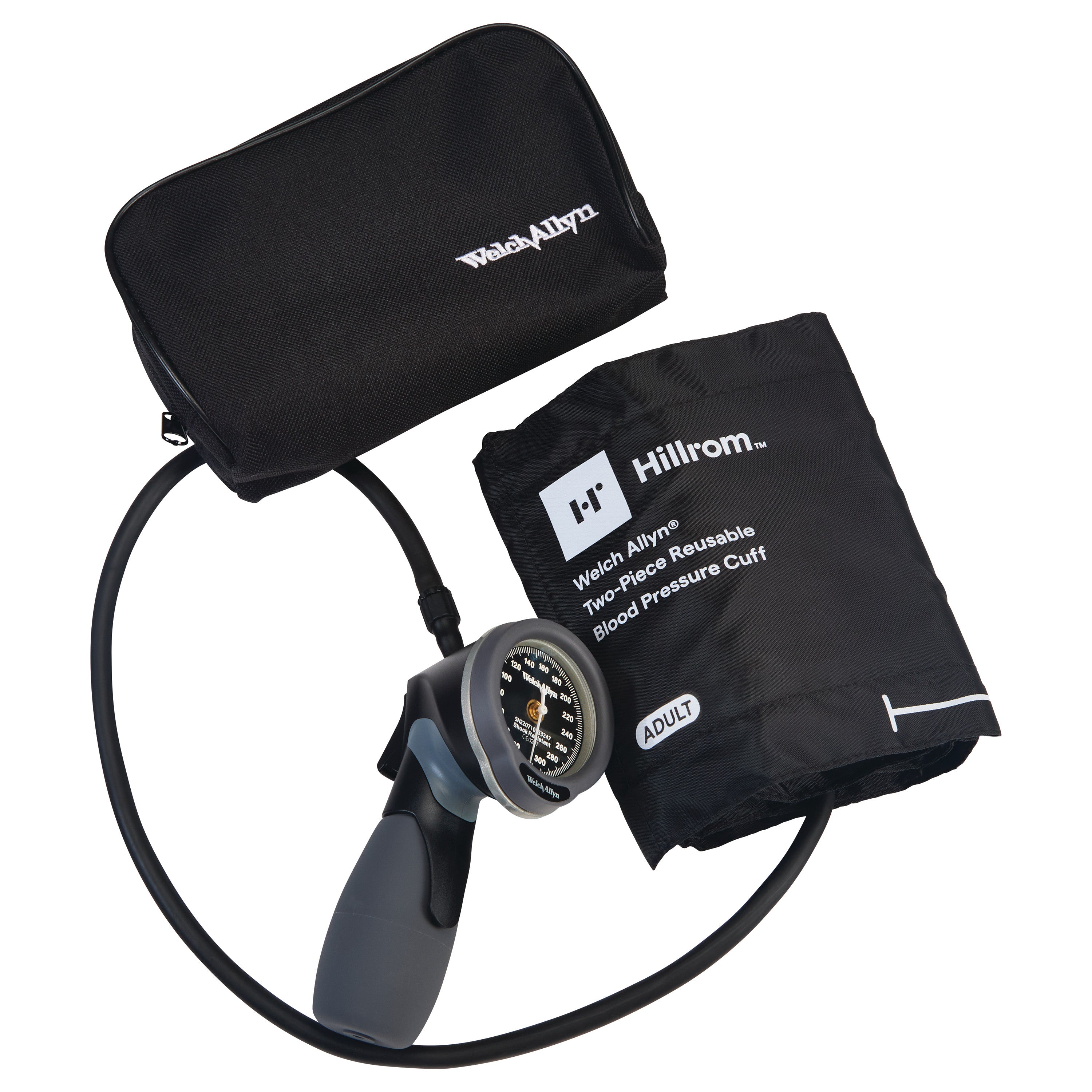Welch Allyn DuraShock DS66 Trigger Aneroid blood pressure cuff with a black case and adult-size reusable cuff.
