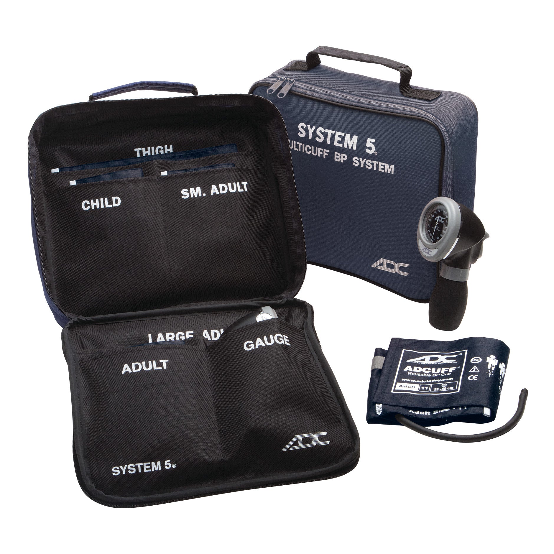 The ADC System 5 Portable 5-Cuff Sphygmomanometer is shown with various cuffs labeled for thigh, child, small adult, adult, and large adult.