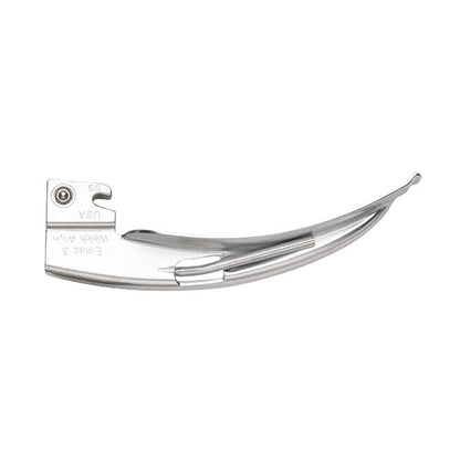 The Welch Allyn English MacIntosh Laryngoscope Blade is a curved, metallic medical instrument used for airway management.
