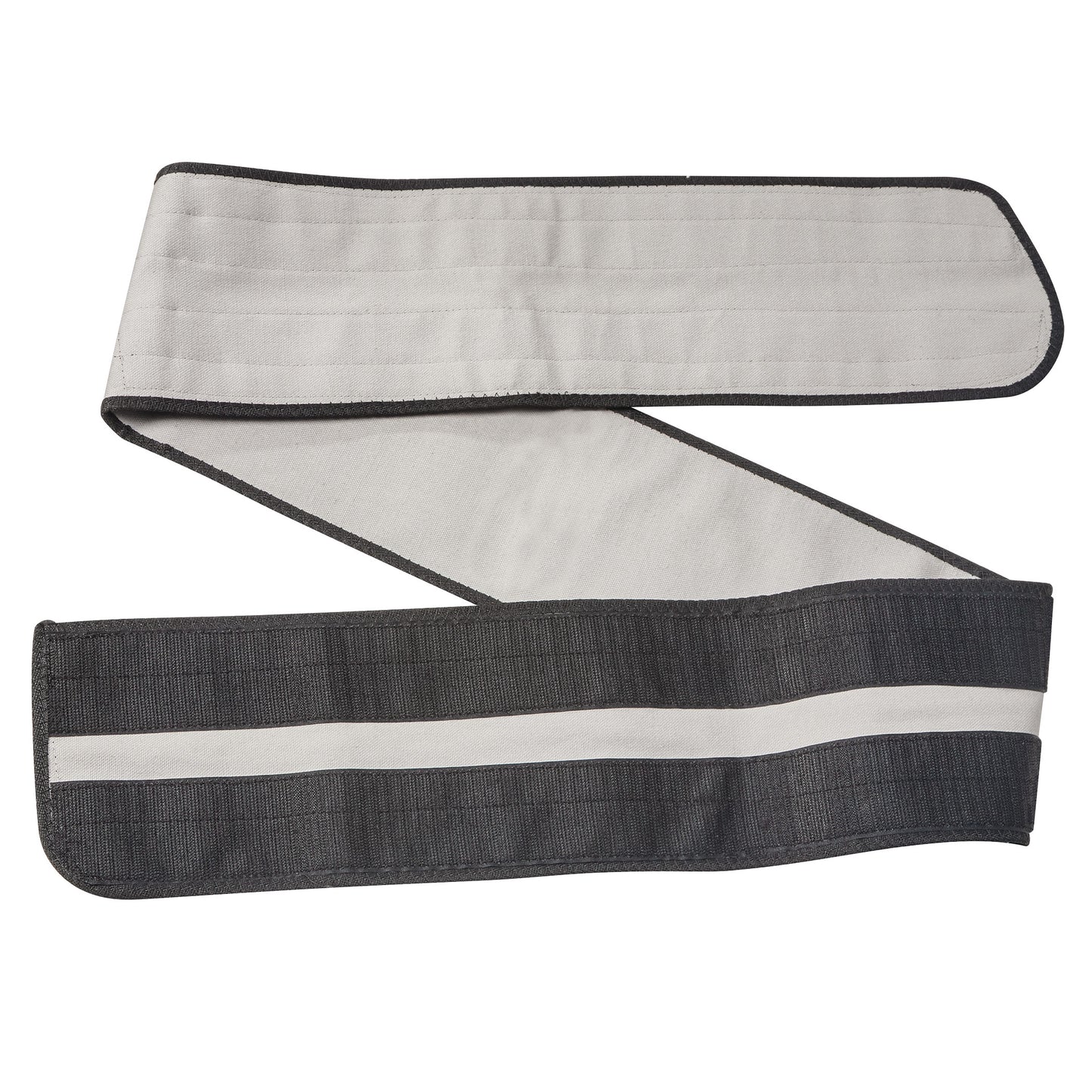 An AliMed Universal Body Strap, featuring a wide, adjustable, black and light gray band with hook and loop closures.