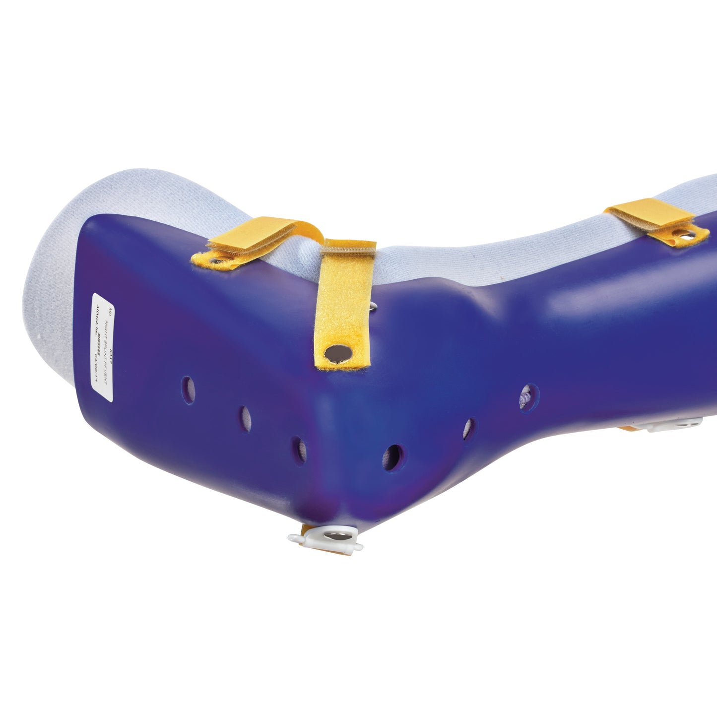 AliMed Ventilated Plantar Fasciitis Night Splint with a purple shell, yellow straps, and ventilation holes for comfort and support.