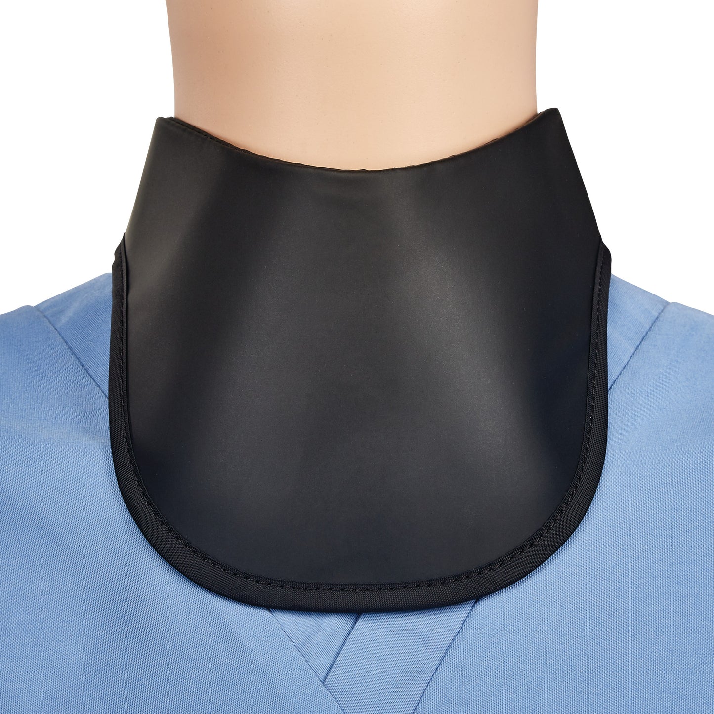A black AliMed Grab n Go Thyroid Shield is worn over a light blue garment, covering the neck area for protection.