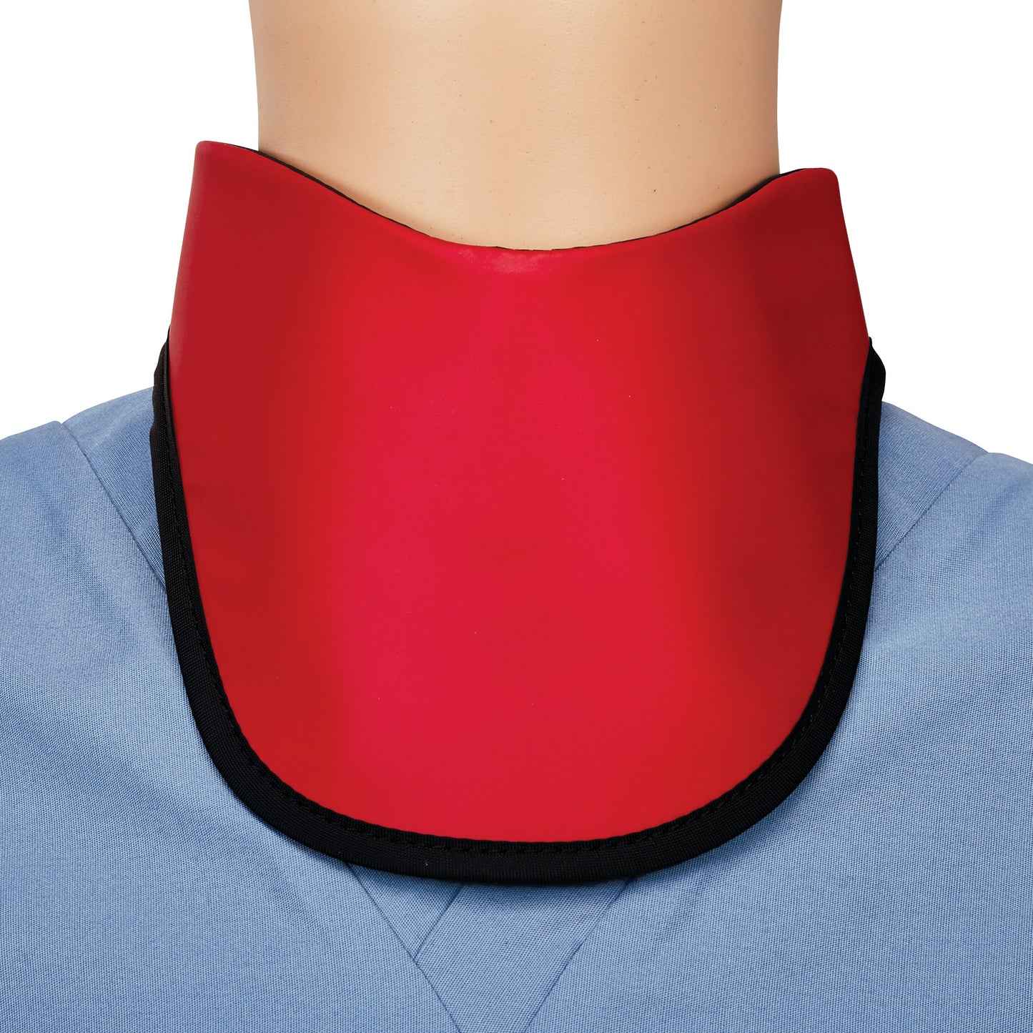 A person wears an AliMed Grab n Go Thyroid Shield, a red protective neck collar, over a light blue garment.