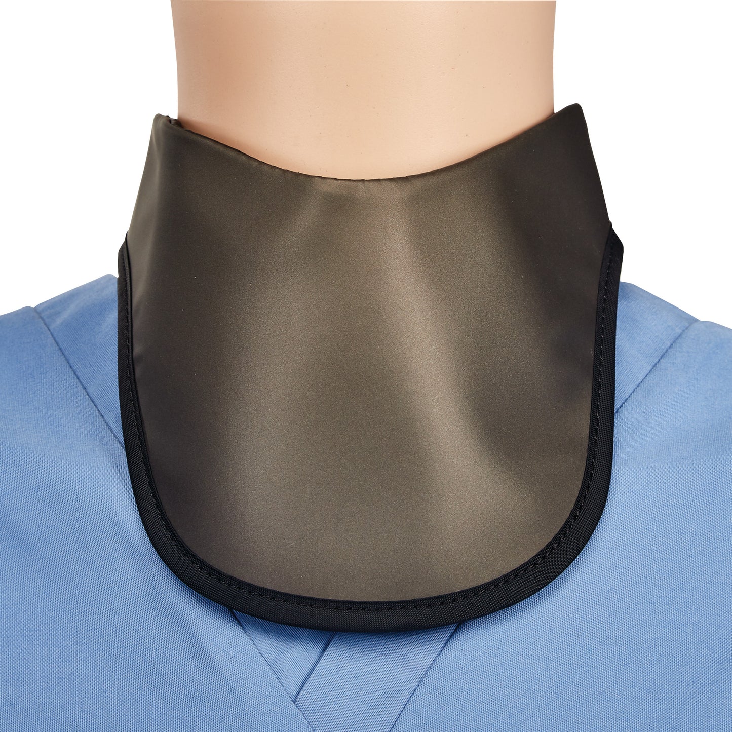 A mannequin wearing an AliMed Grab n Go Thyroid Shield over blue scrubs protects the neck area from exposure.