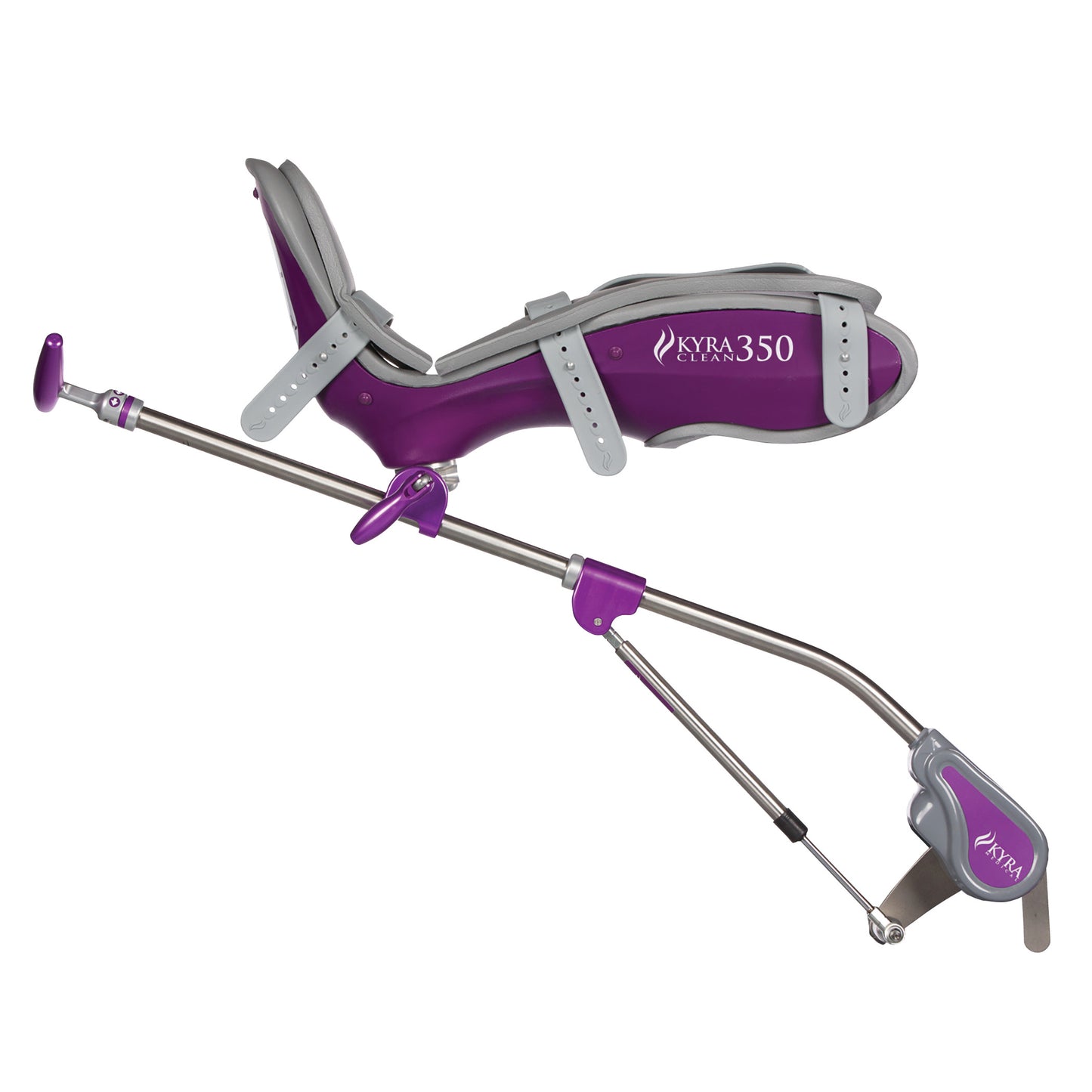 KYRA Clean 350 Lithotomy Stirrup, purple with adjustable gray straps, attached to a metal pole for medical support use.