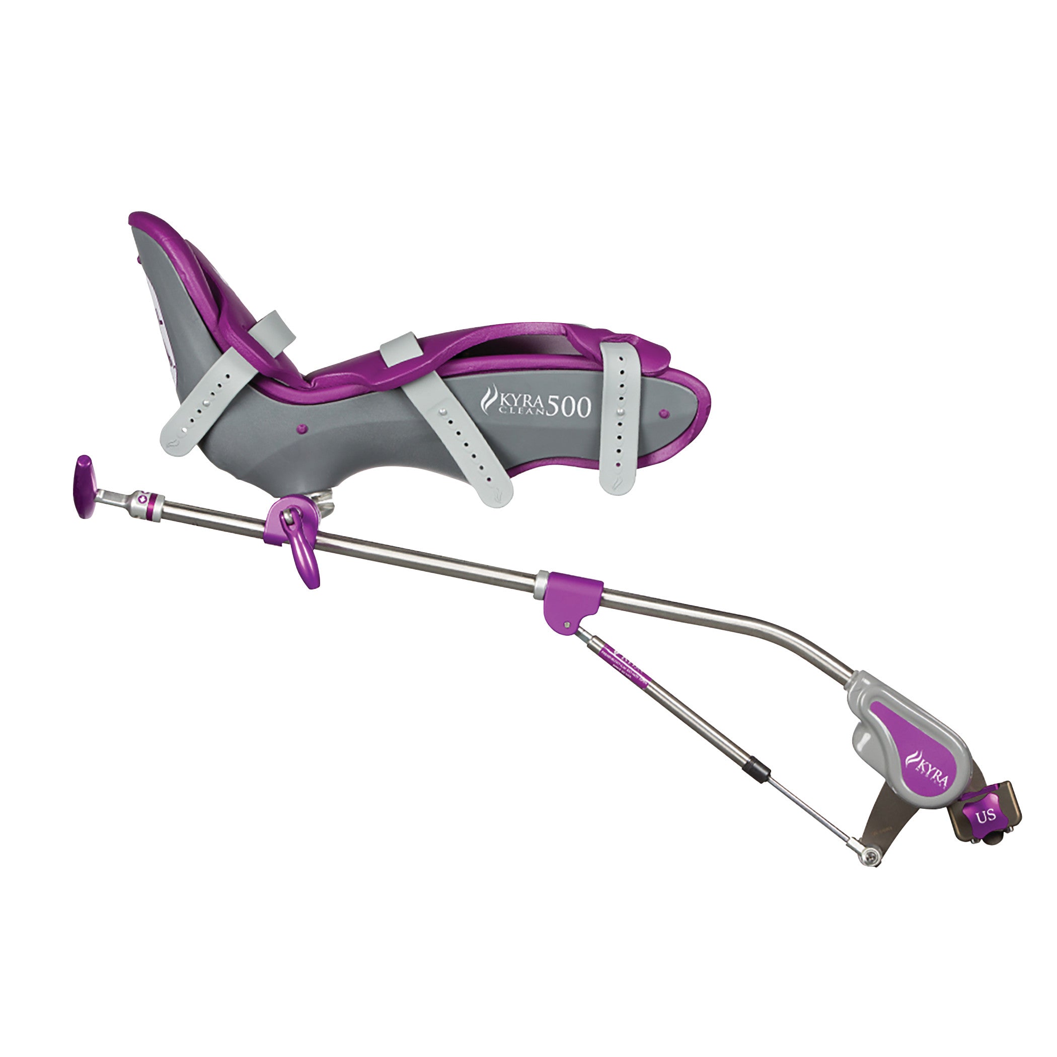 The KYRA Clean 500 Lithotomy Stirrup features a purple and gray support with adjustable straps and an extendable metal arm.