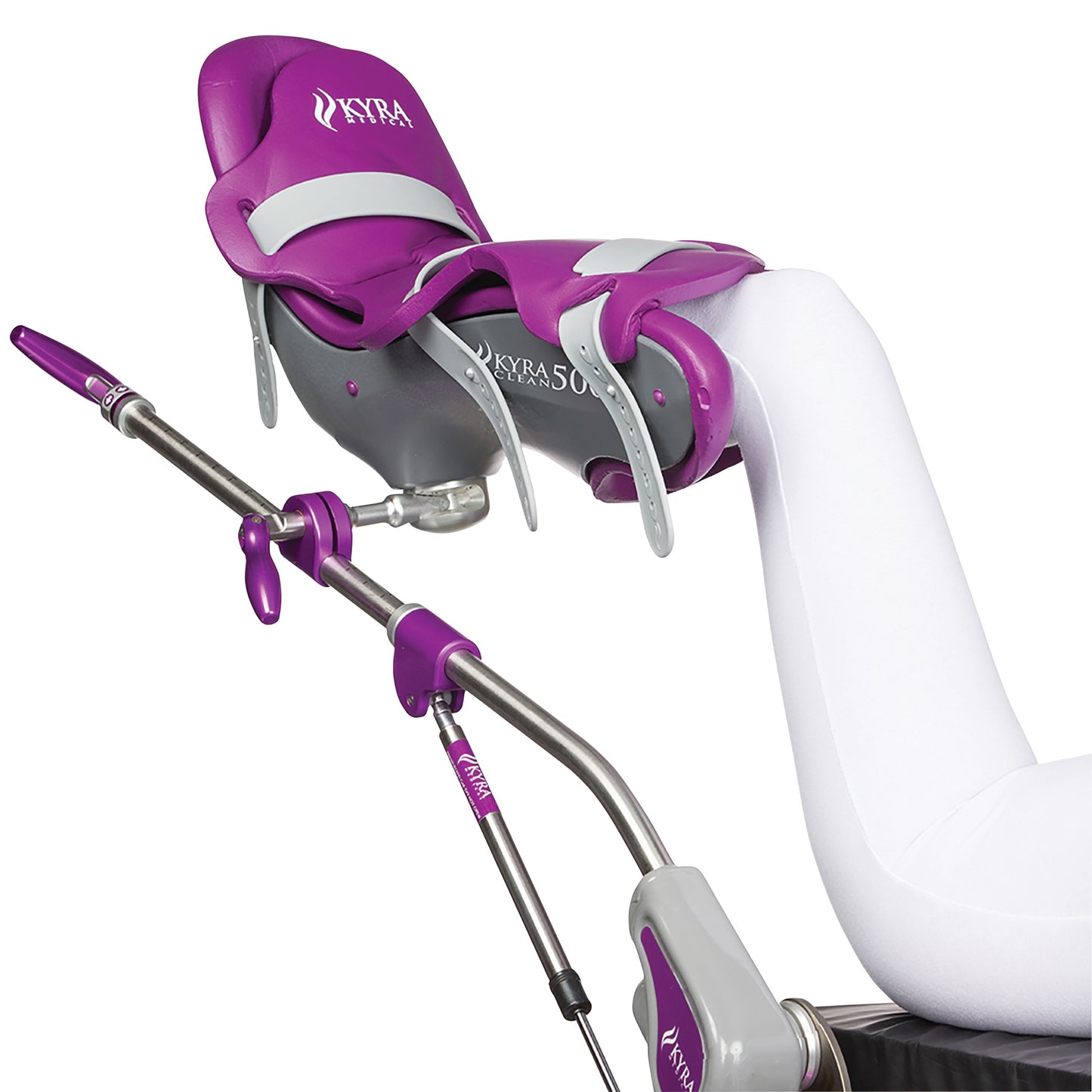 The KYRA Clean 500 Lithotomy Stirrup in purple supports a patient's leg with adjustable straps and padded fixtures.