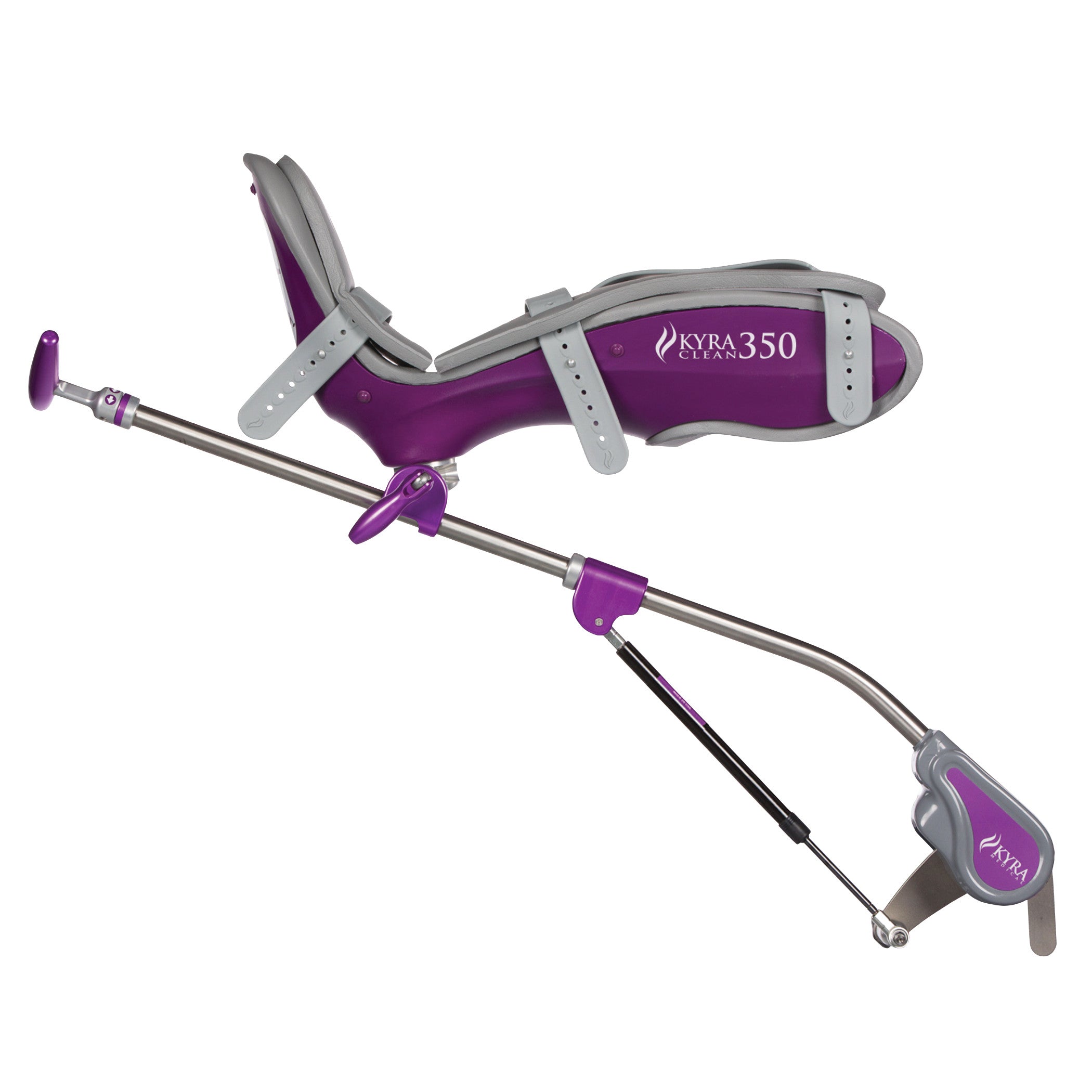 The KYRA Clean 350 Lithotomy Stirrup is a medical support with a purple cushioned leg holder and adjustable stainless steel rod.