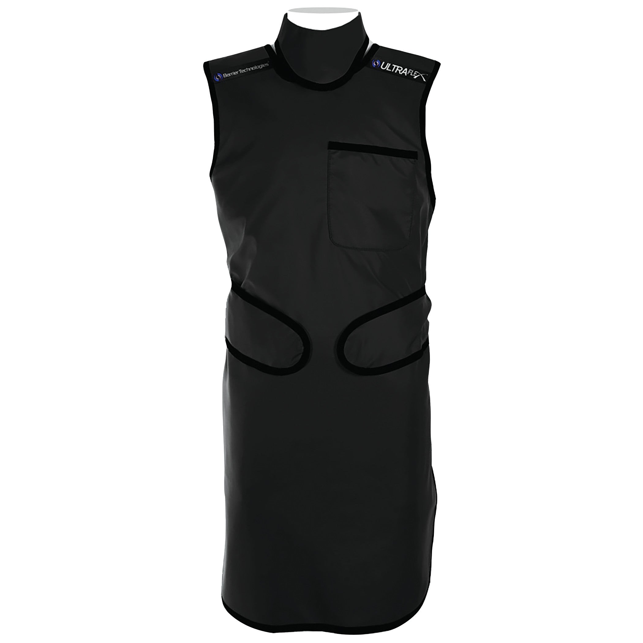 Barrier Technologies Ready To Go UltraFlex Lead-Free Frontal Apron in black, featuring a chest pocket and adjustable straps.