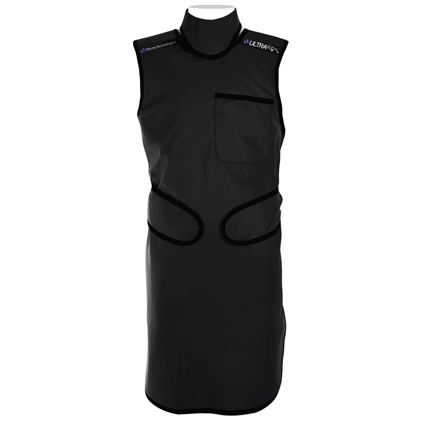Barrier Technologies Ready To Go UltraFlex Lead-Free Frontal Apron in black, featuring a chest pocket and adjustable straps.