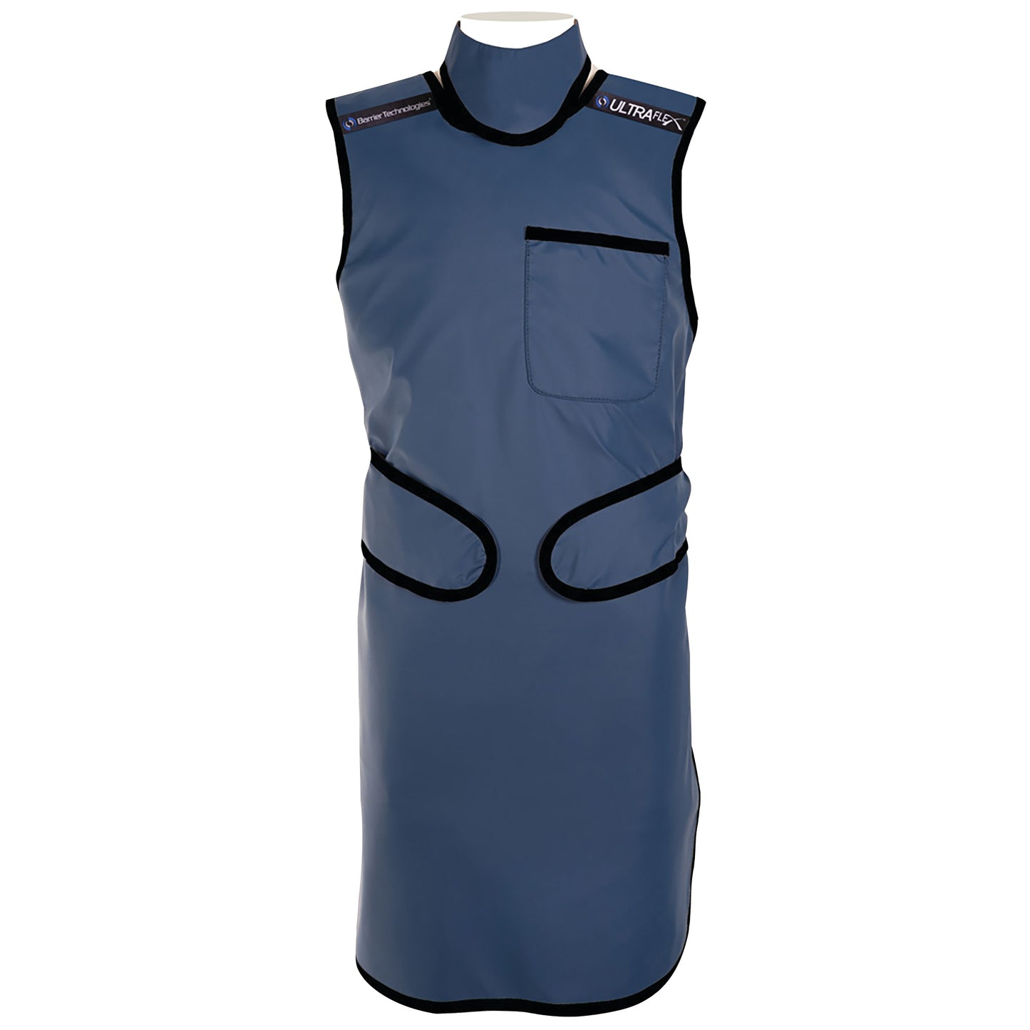 Barrier Technologies Ready To Go UltraFlex Lead-Free Frontal Apron in blue with black trim, pocket, and Velcro-like fasteners.