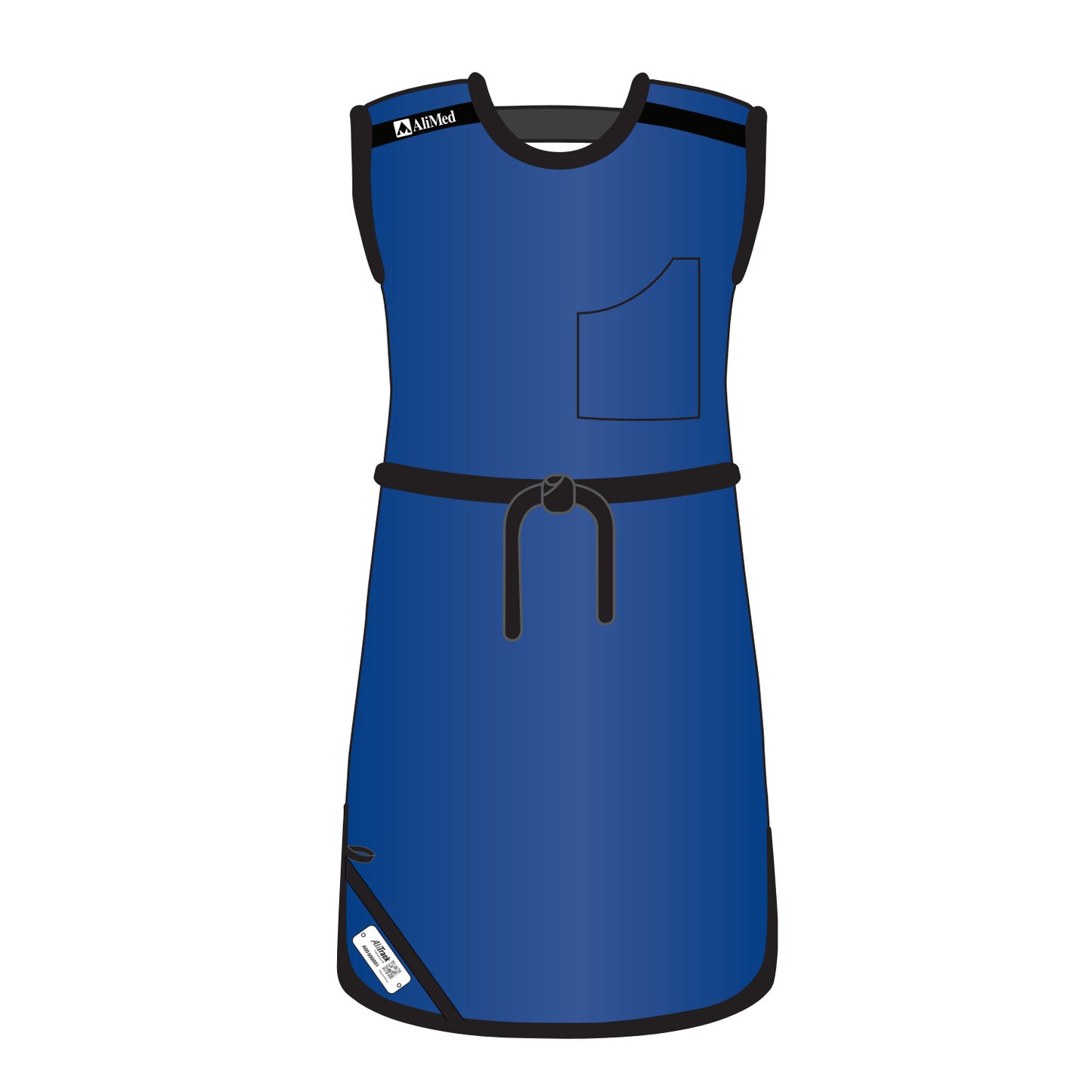 Blue AliMed Grab n Go Tie Apron, Male, with black edging, a front pocket, and a belt for securing, designed for protective wear.