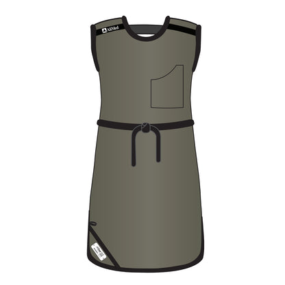 Illustration of the AliMed Grab n Go Tie Apron, Male, in grey with black trim, a front pocket, and a tie at the waist.