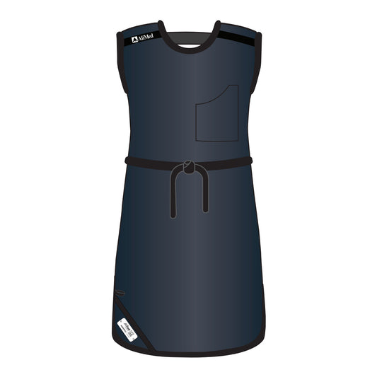 AliMed Grab n Go Tie Apron, Male, illustrated in navy with a belt and pocket, featuring a logo near the top left shoulder.