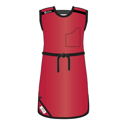 A red AliMed Grab n Go Tie Apron, Female with black trim and ties, featuring a pocket on the chest and a label at the bottom.