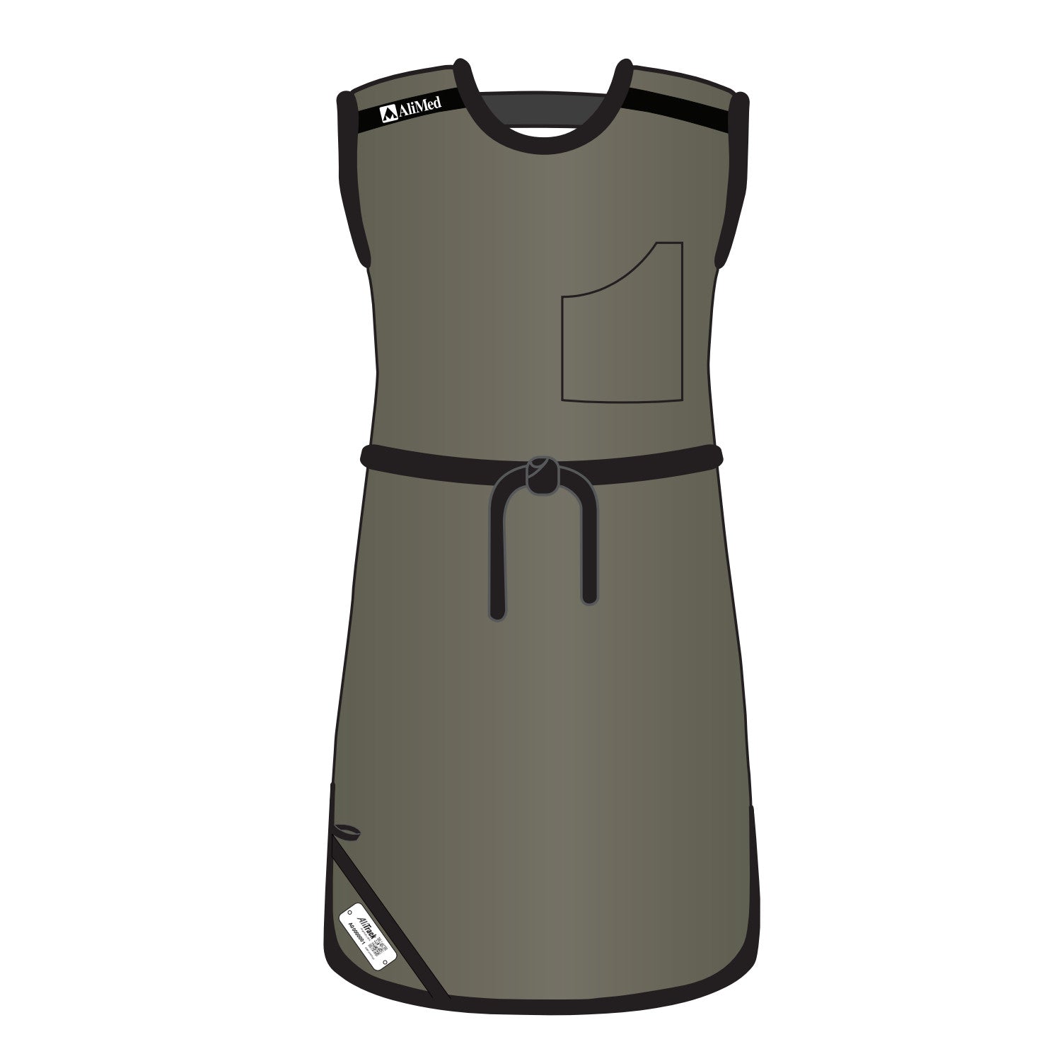 Illustration of the AliMed Grab n Go Tie Apron, Female. It is gray with a black belt, pocket, and trim, featuring a logo tag.