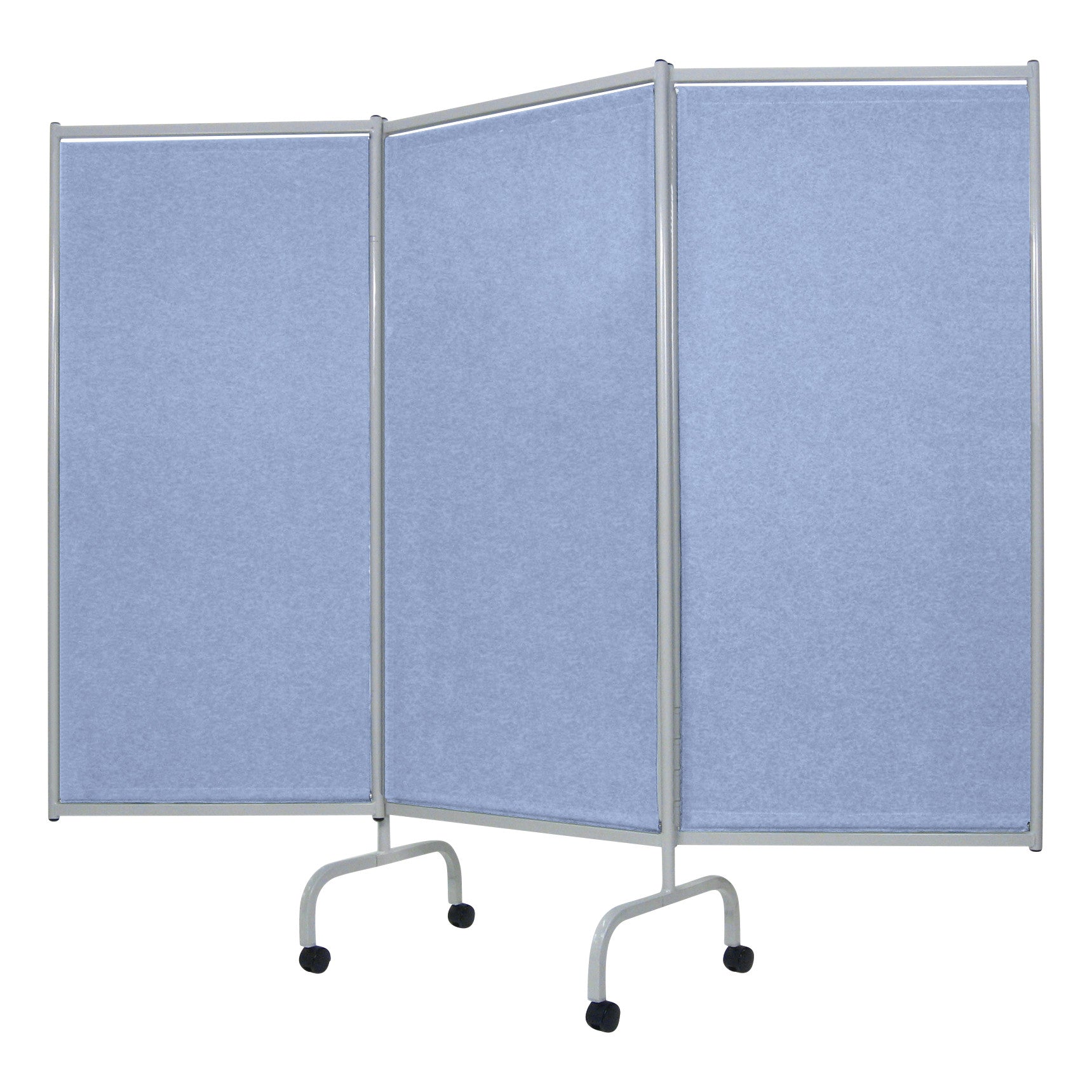 The Champion Privess Elite Three-Panel Privacy Screen is blue with a metal frame and wheels, designed for creating privacy in medical settings.