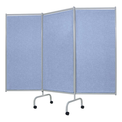 The Champion Privess Elite Three-Panel Privacy Screen is blue with a metal frame and wheels, designed for creating privacy in medical settings.
