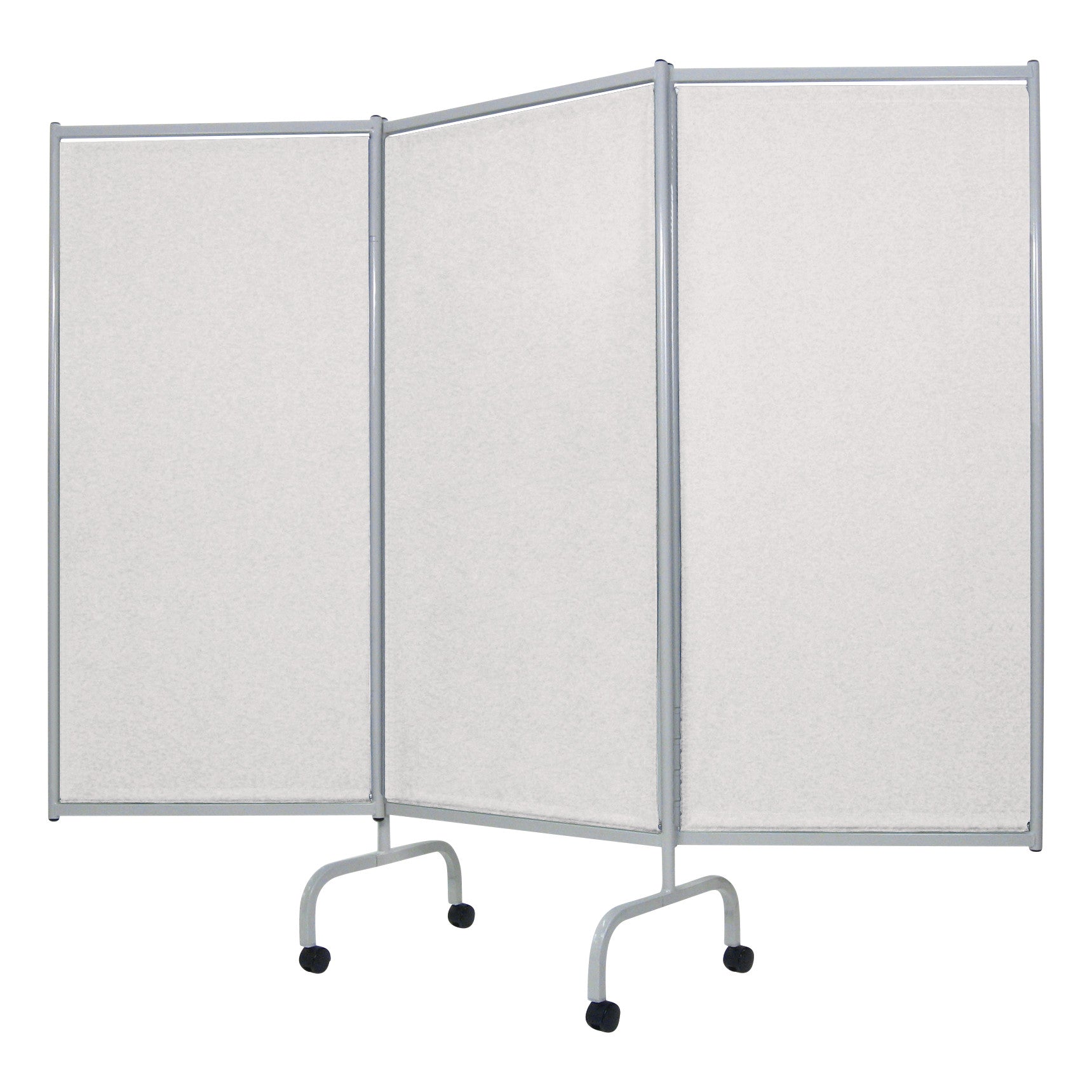 Champion Privess Elite Three-Panel Privacy Screen with a silver frame on wheels, featuring three connected white panels.