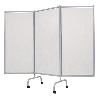 Champion Privess Elite Three-Panel Privacy Screen with a silver frame on wheels, featuring three connected white panels.