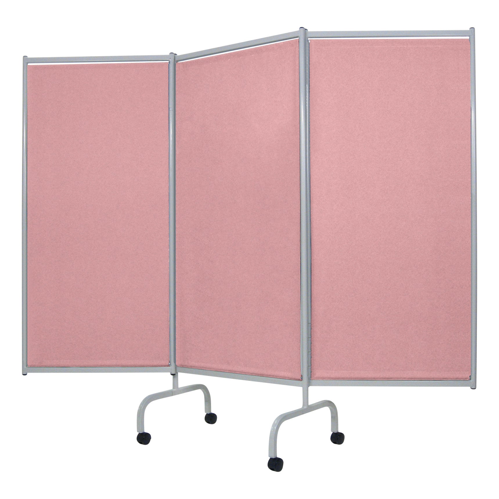 Champion Privess Elite Three-Panel Privacy Screen with pink panels and gray metal frame on wheels, designed for adjustable privacy.