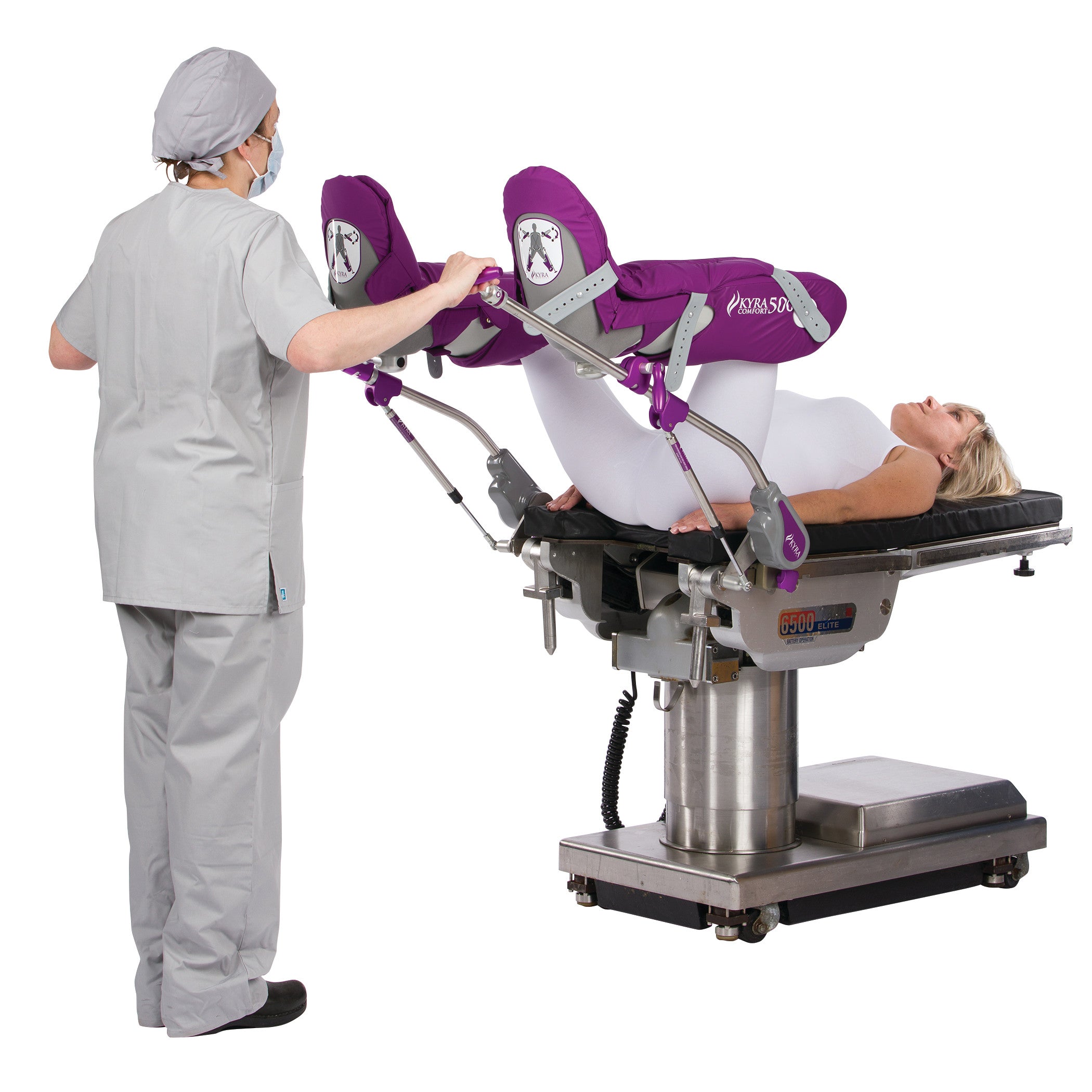 A person positions a patient on a surgical table using the KYRA Comfort 500 Lithotomy Stirrup with Secure-Lok Straps.