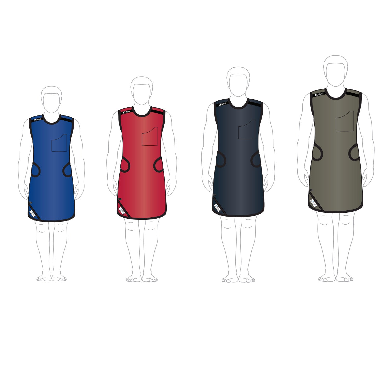 Four illustrated figures wear AliMed Grab n Go Flex Weight Reliever Aprons in blue, red, navy, and gray.