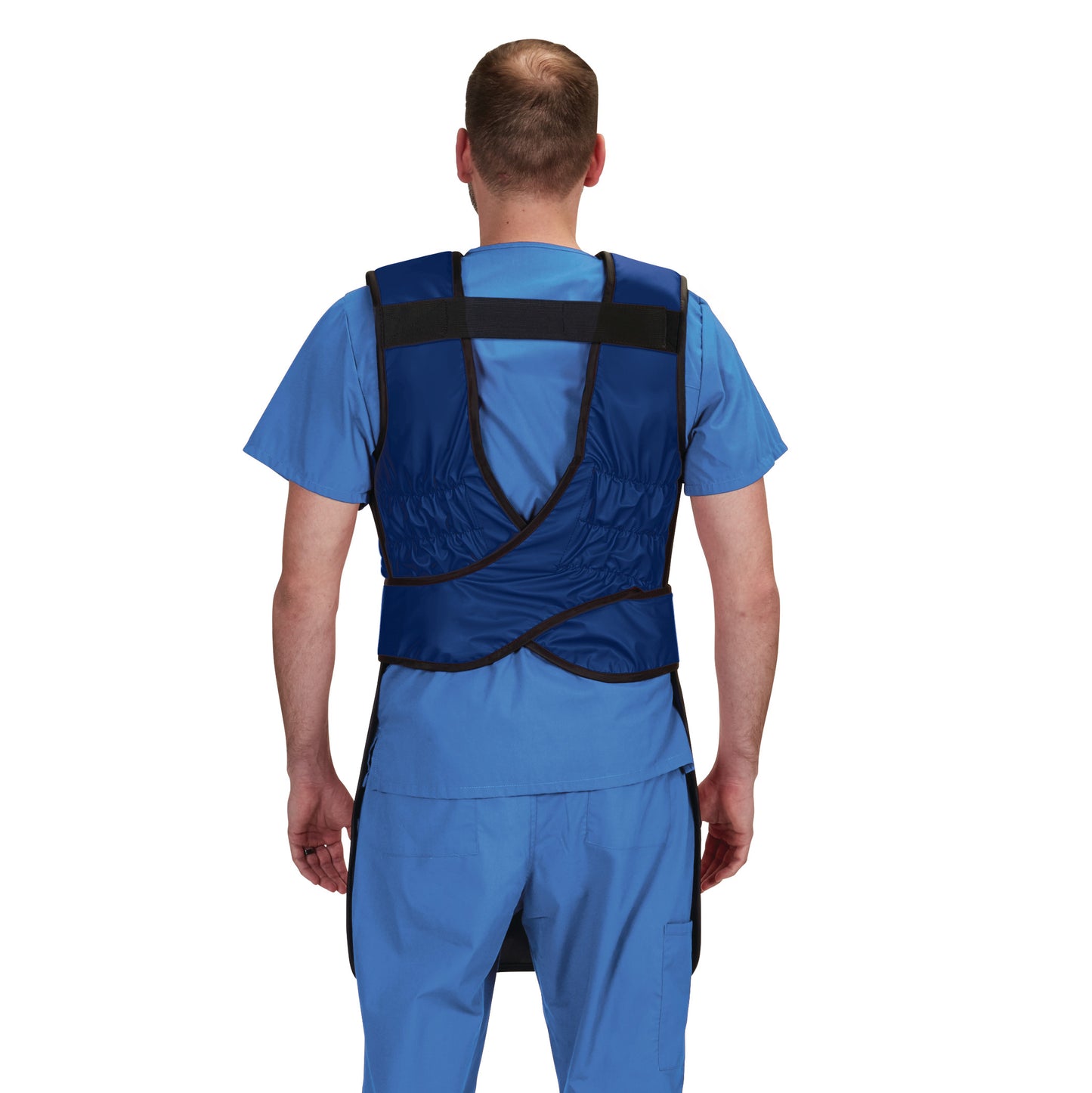 A man wears an AliMed Grab n Go Flex Weight Reliever Apron, Male, in blue, shown from the back against a white background.
