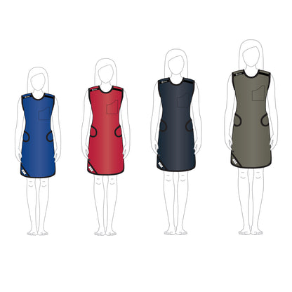 Four outlined figures wear the AliMed Grab n Go Flex Weight Reliever Apron, Female, in blue, red, navy, and gray.