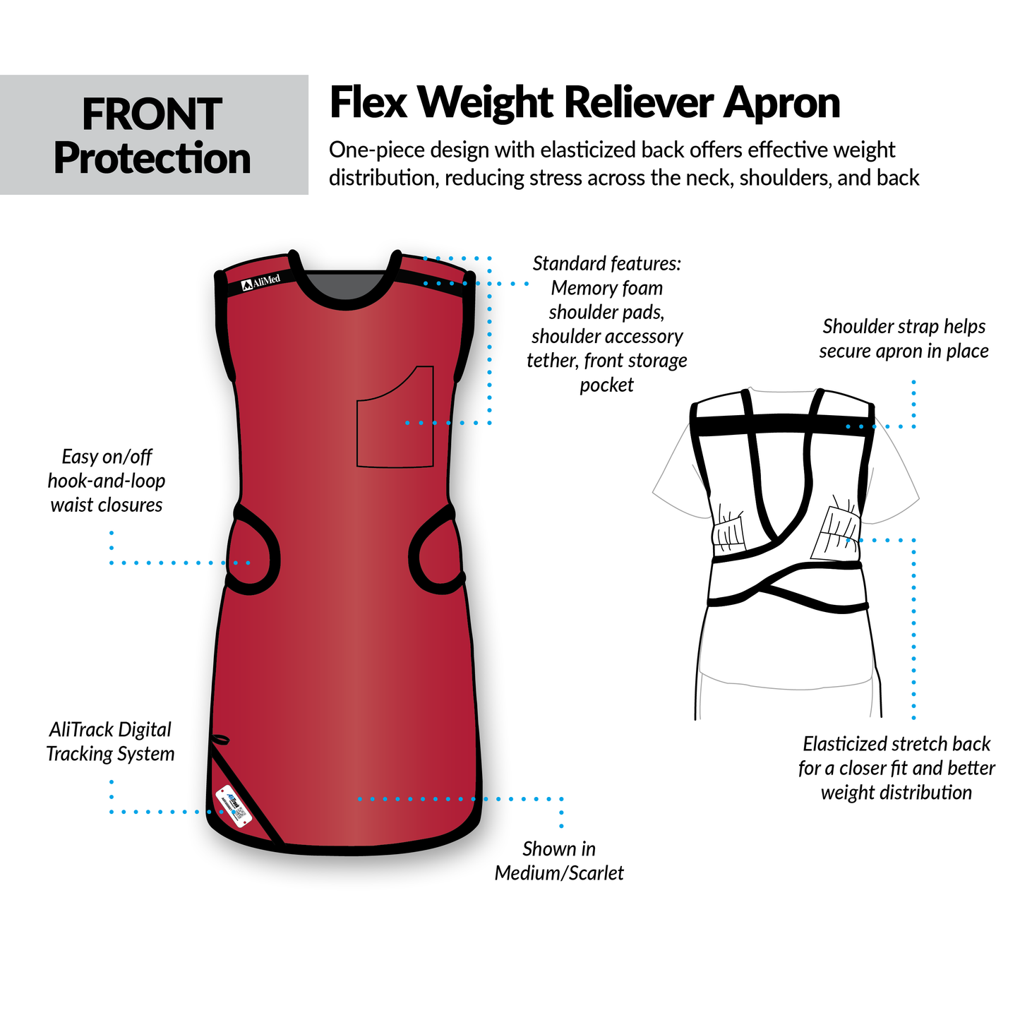 The AliMed Grab n Go Flex Weight Reliever Apron, Female. It features memory foam shoulder pads, an elasticized back, a front.