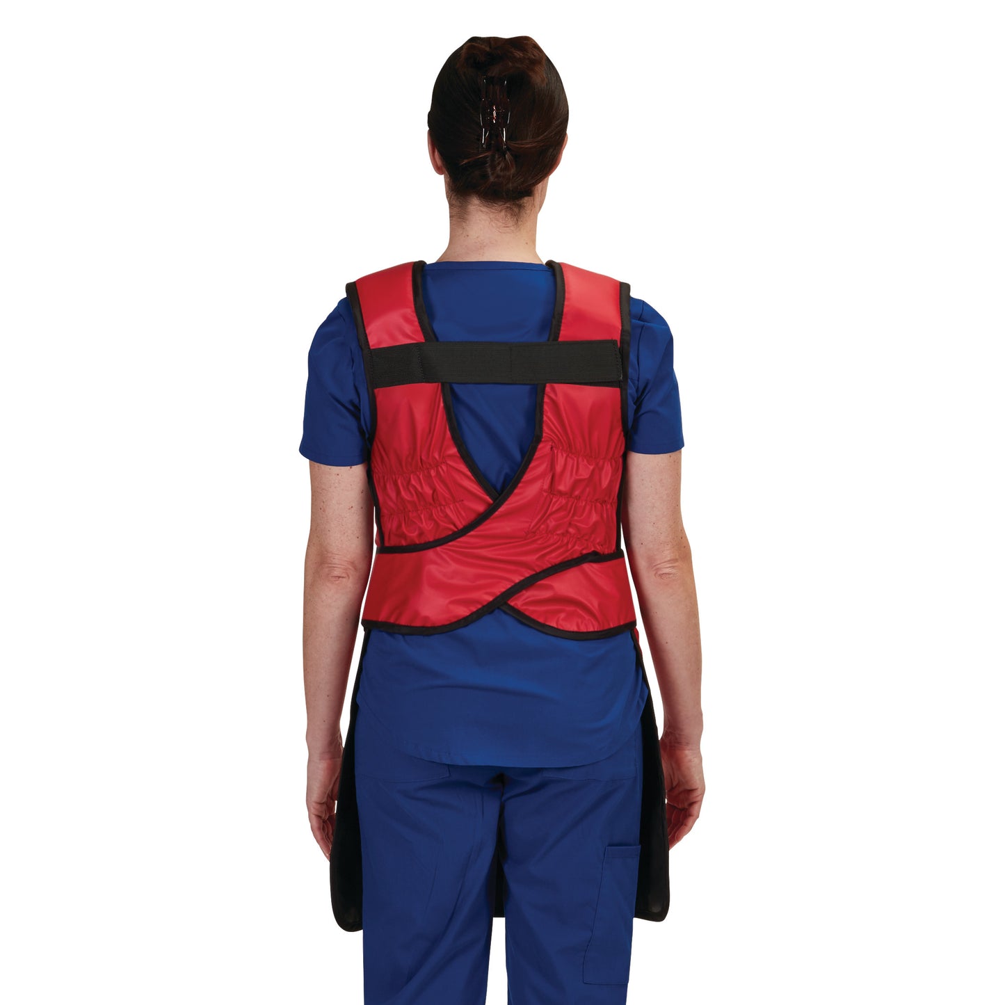 The back view of an AliMed Grab n Go Flex Weight Reliever Apron, Female, in red and black on a person in blue scrubs.