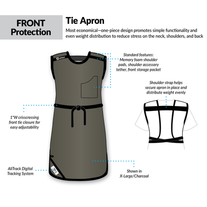 Grab n Go Tie Apron  in charcoal with memory foam shoulder pads, front pocket, and crisscross tie for even weight distribution.