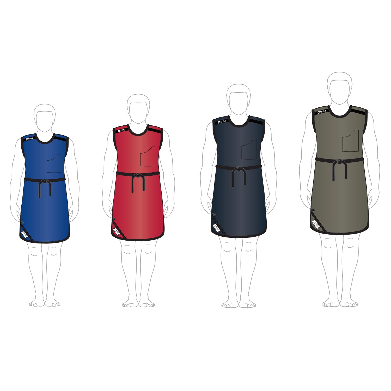 Illustration of four AliMed Grab n Go Tie Aprons for males in blue, red, black, and gray, each with a front pocket and waist tie.