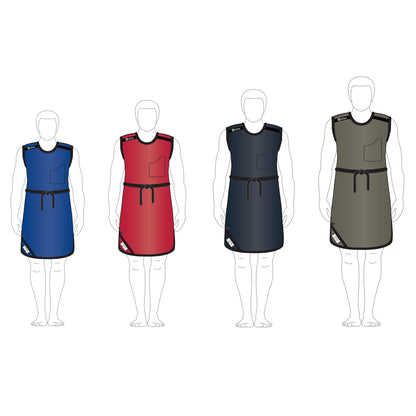 Illustration of four AliMed Grab n Go Tie Aprons for males in blue, red, black, and gray, each with a front pocket and waist tie.
