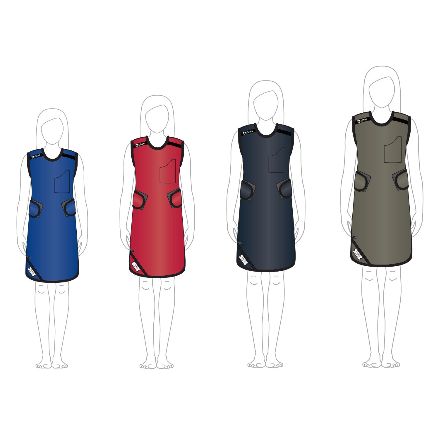 Illustration of four sleeveless AliMed Grab n Go 4-Point Quick Drop aprons for females in blue, red, dark blue, and gray.