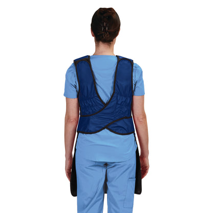Rear view of a person wearing the AliMed Grab n Go 4-Point Quick Drop, Female. It features a blue protective vest over scrubs.